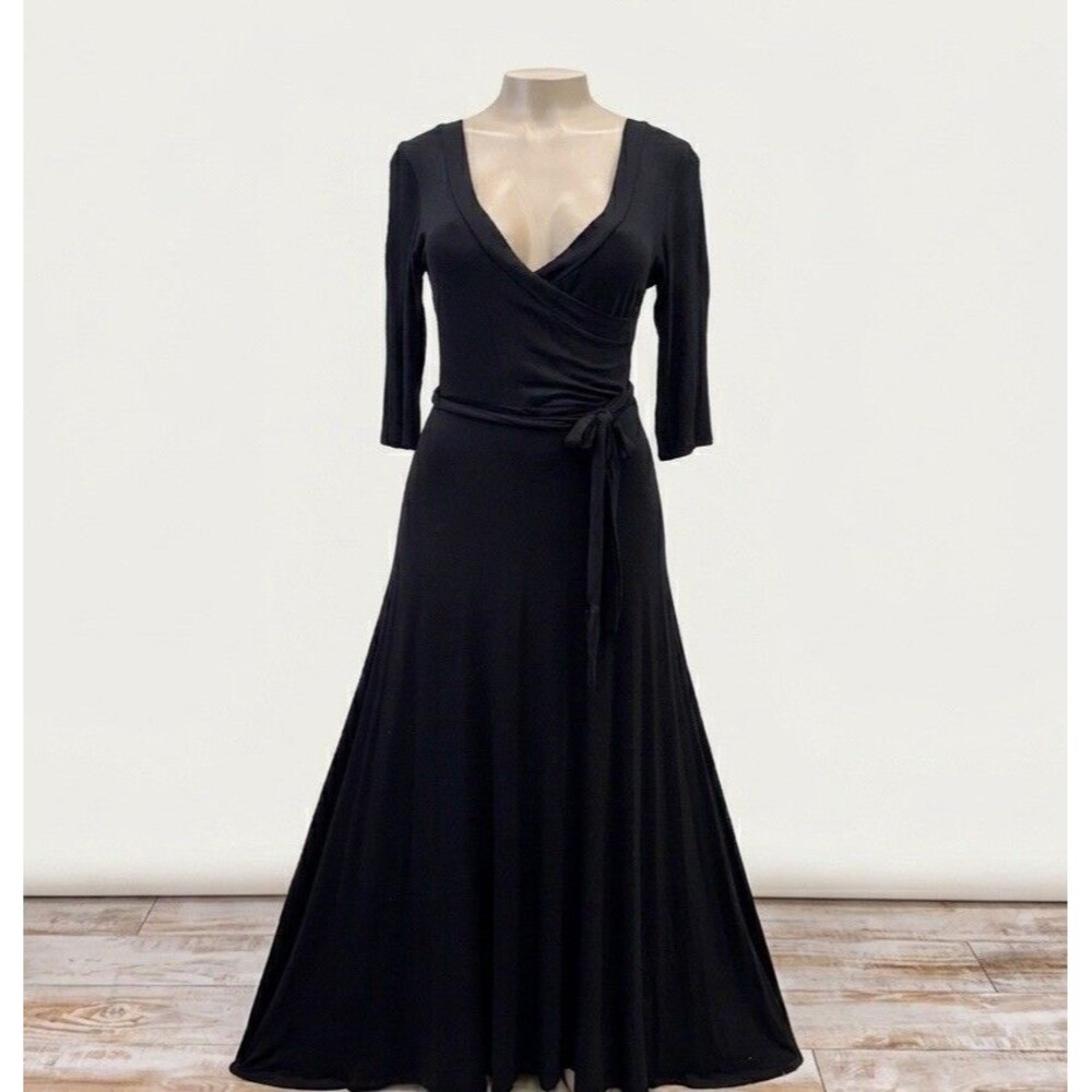 Got Style USA Black Long Sleeve V Neck Maxi Dress Women's S/M Jersey Knit Strech